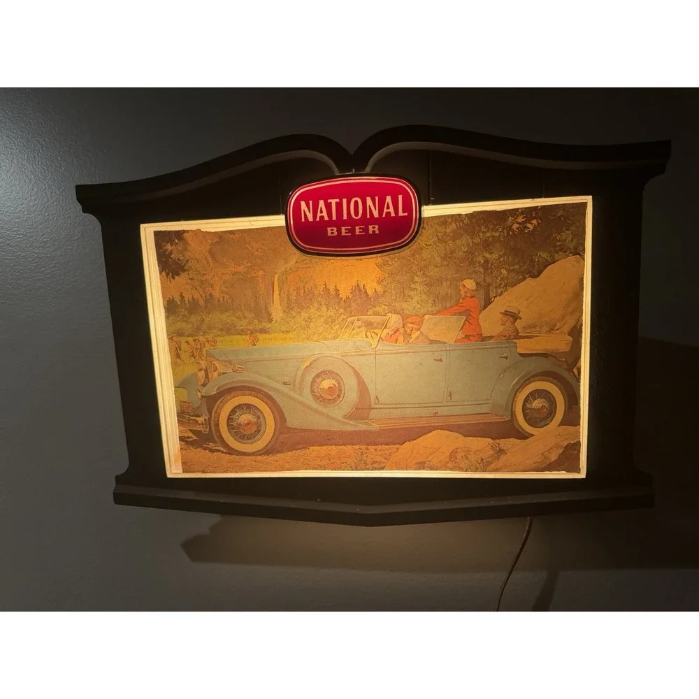 Vintage National Beer Lighted Advertising Sign Classic Car Breweriana Bar